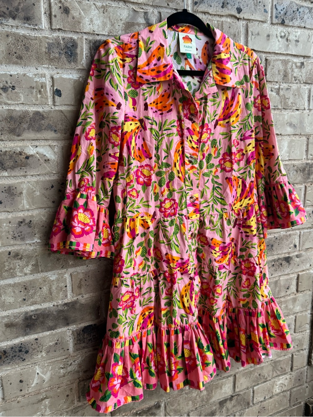 Farm Rio Painted Bananas Ruffle Shirt Midi Dress Size Large - Picture 5 of 14